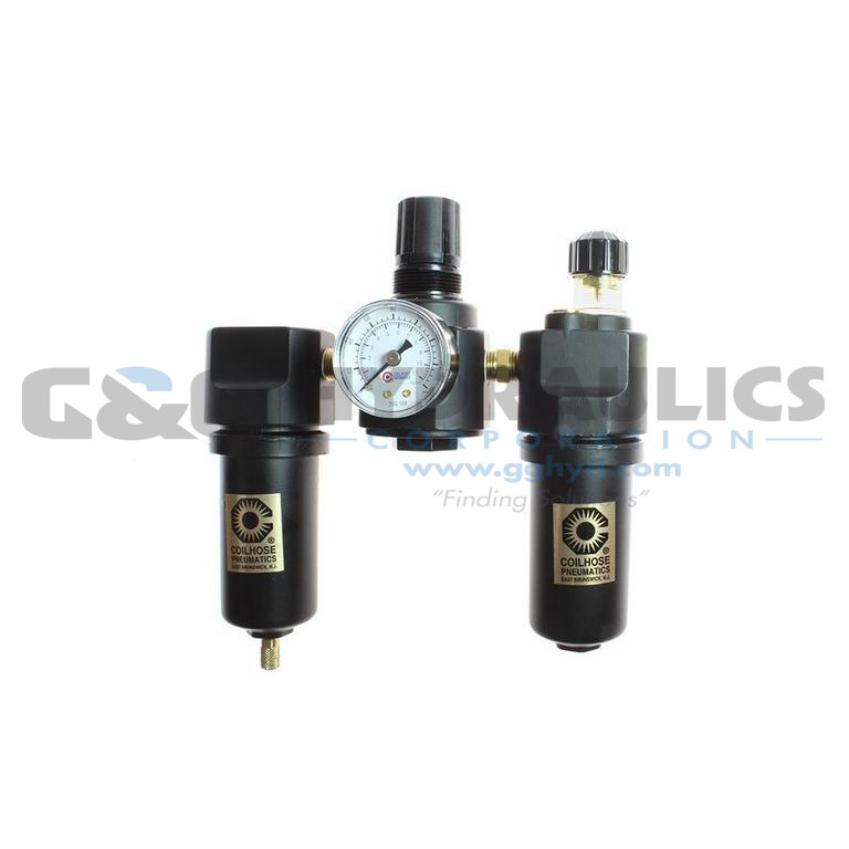 26FRL2-DGM Coilhose 26 Series 1/4" Filter/Regulator/Lubricator, Auto Drain, Gauge, Metal Bowl UPC #029292875349