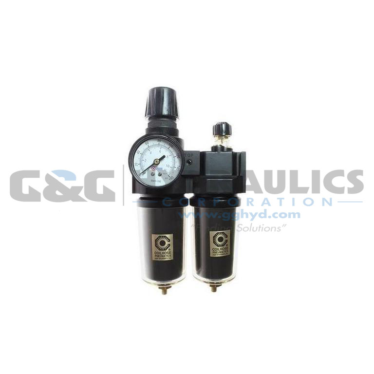 27FCL3-DGS Coilhose 27 Series 3/8" Integral Filter/Regulator + Lubricator, Auto Drain, Gauge, Metal Bowl with Sight Glass UPC #029292876162