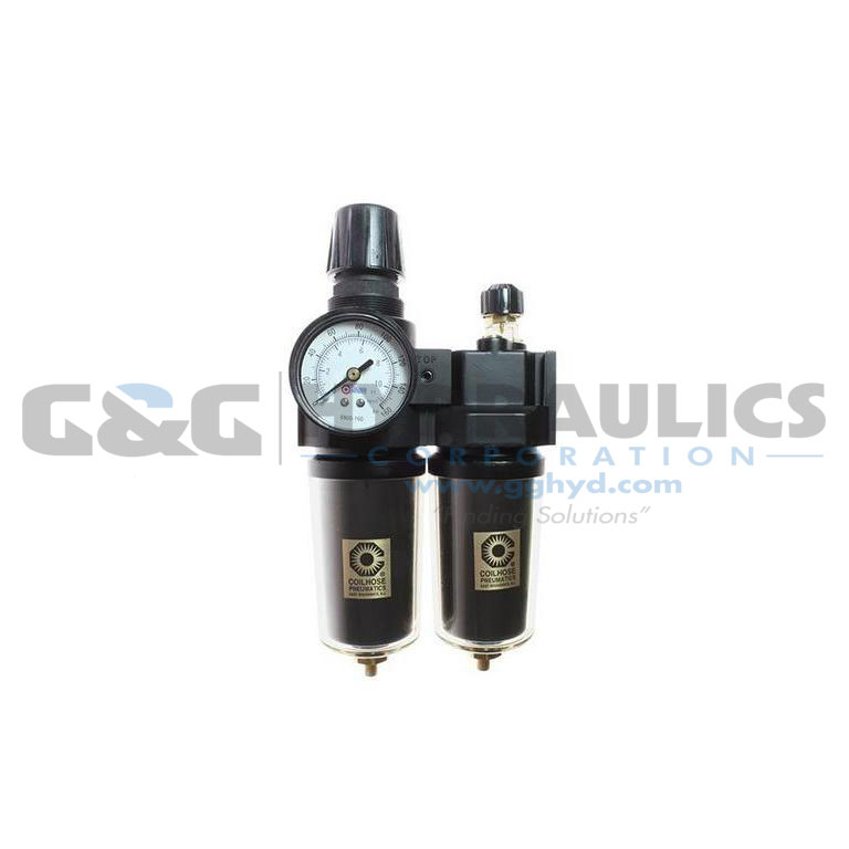27FCL3-GHS Coilhose 27 Series 3/8" Integral Filter/Regulator + Lubricator, Auto Drain, Gauge, Metal Bowl with Sight Glass, 0-250 psi UPC #029292876216