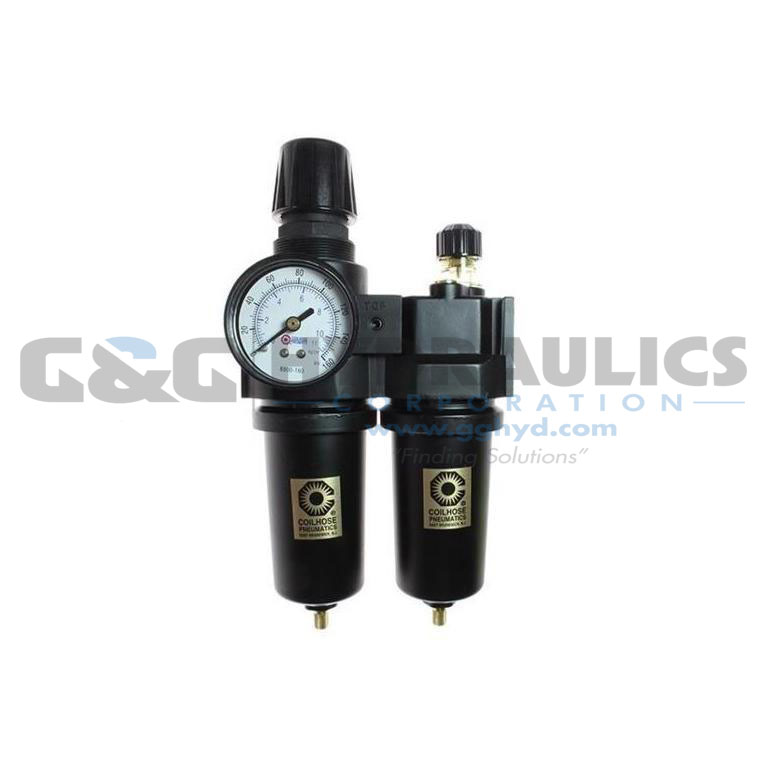 27FCL4-GHM Coilhose 27 Series 1/2" Integral Filter/Regulator + Lubricator, Gauge, 0-250 psi, Metal Bowl UPC #029292876377