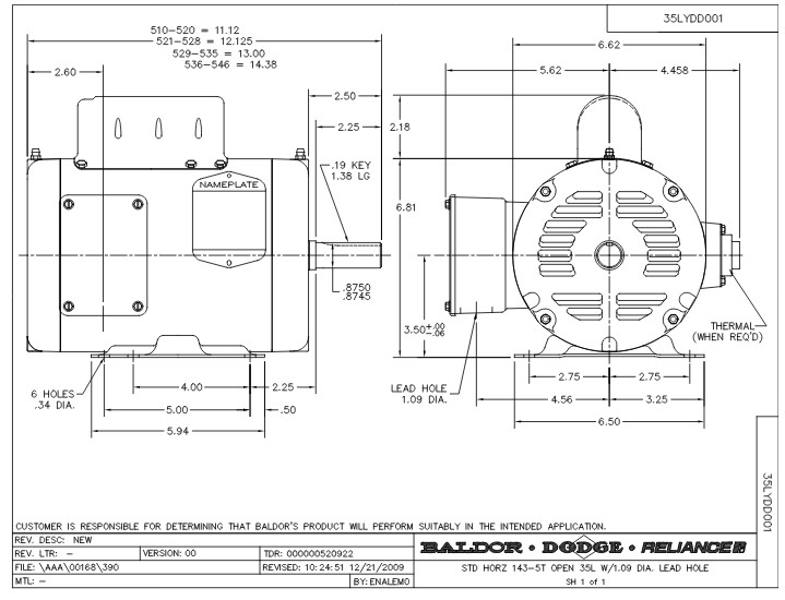 size 1 hp motor frame Phase Mounted Foot 1 L1319T Single 1/2HP Open Baldor